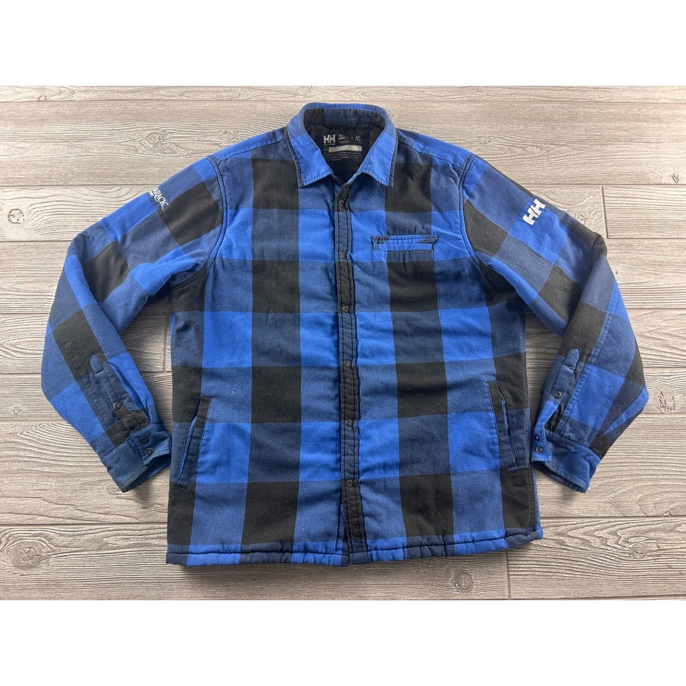 Helly Hansen Mens Blue Black Buffalo Plaid Insulated Flannel Shirt Jacket Large
